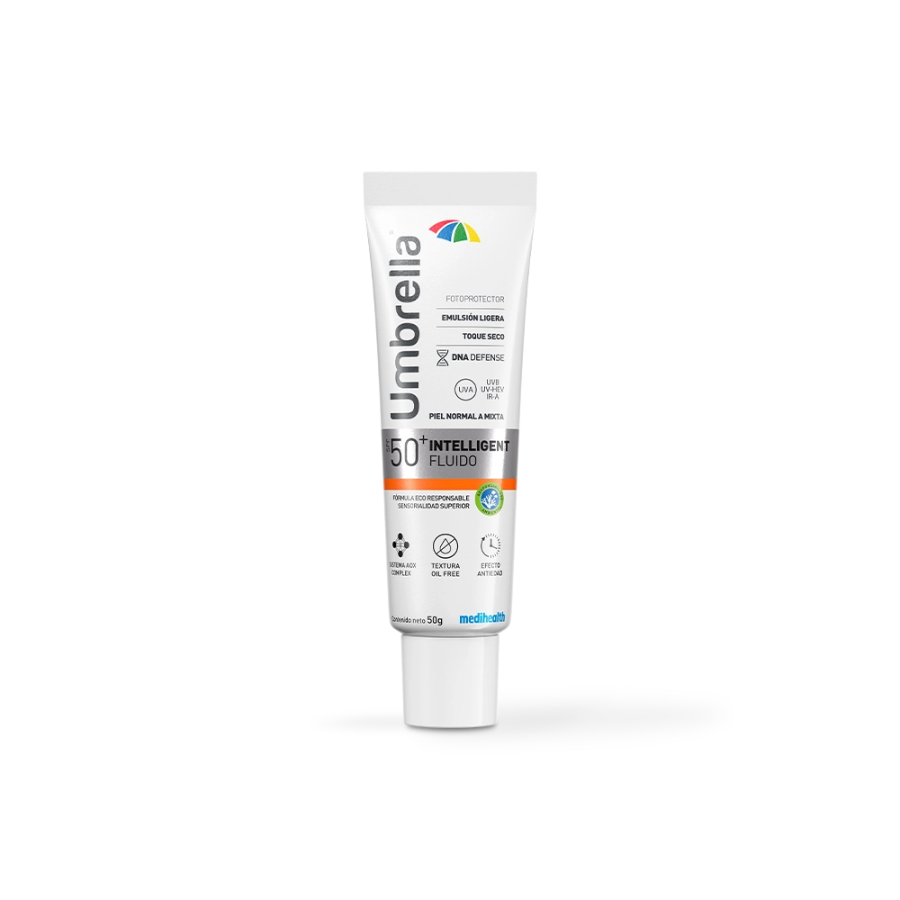 Umbrella Intelligent FluidoSPF 50. Emulsión ligera que previene la aparición de arrugas y manchas. Revierte los signos de fotoenvejecimiento.