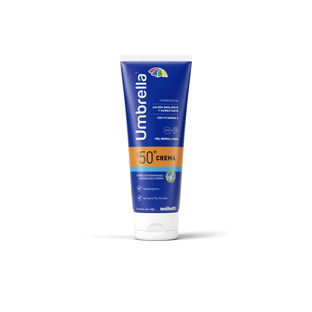 Umbrella Crema SPF 50. Con vitamina E posee acción hidratante, humectante y una alta protección, dejando la piel suave y tersa.