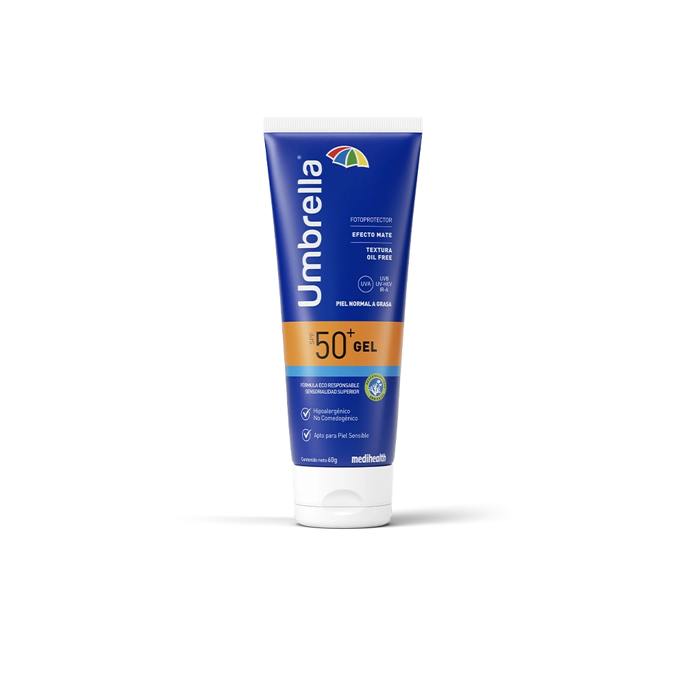 Umbrella Gel SPF 50. Alta protección en pieles grasas o con acné, efecto mate, textura suave y apariencia invisible en la aplicación.