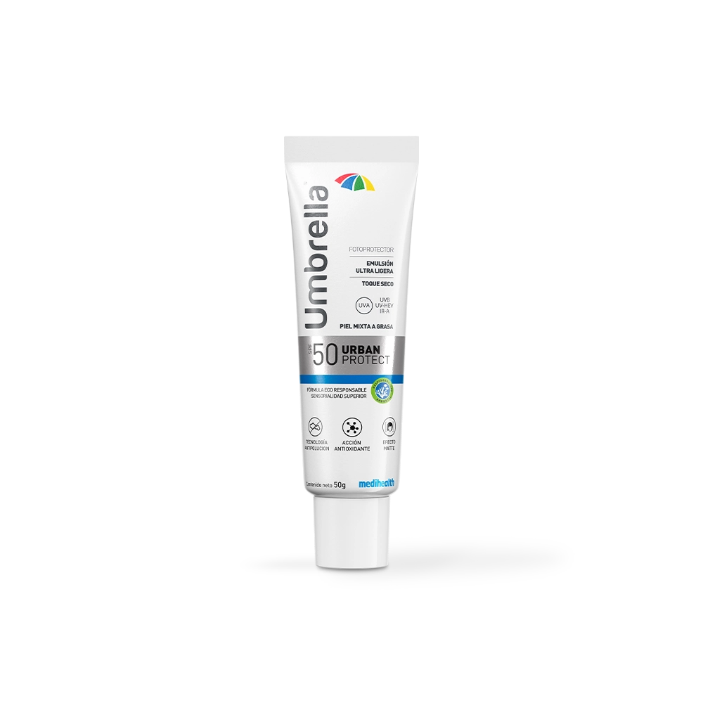Umbrella Urban SPF 50. Emulsión ultraligera, previene aparición de arrugas y manchas. Suaviza el aspecto de la piel y la prepara para el maquillaje.